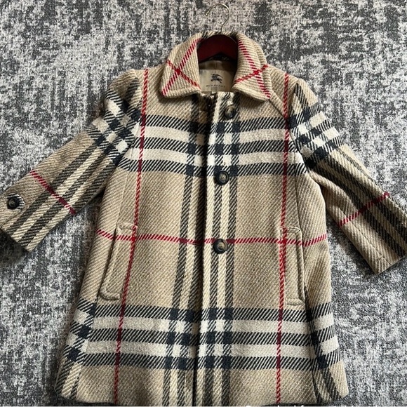 Burberry Jackets & Blazers - Burberry Beige Plaid Wool-Blend Button Coat with Red & Black Accents